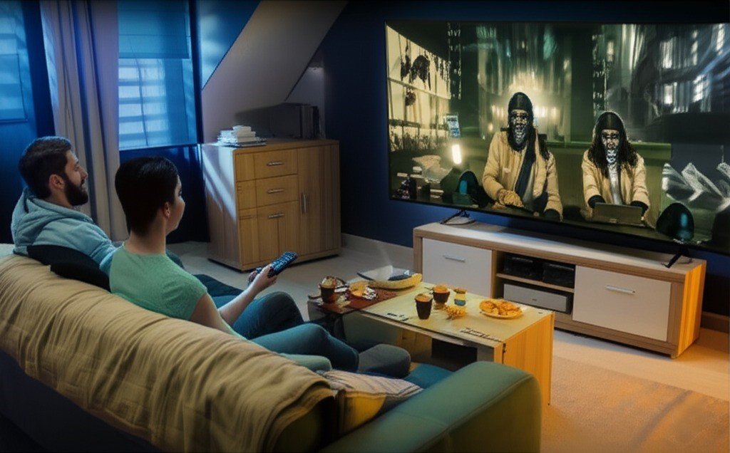 Family enjoying IPTV on a large screen TV